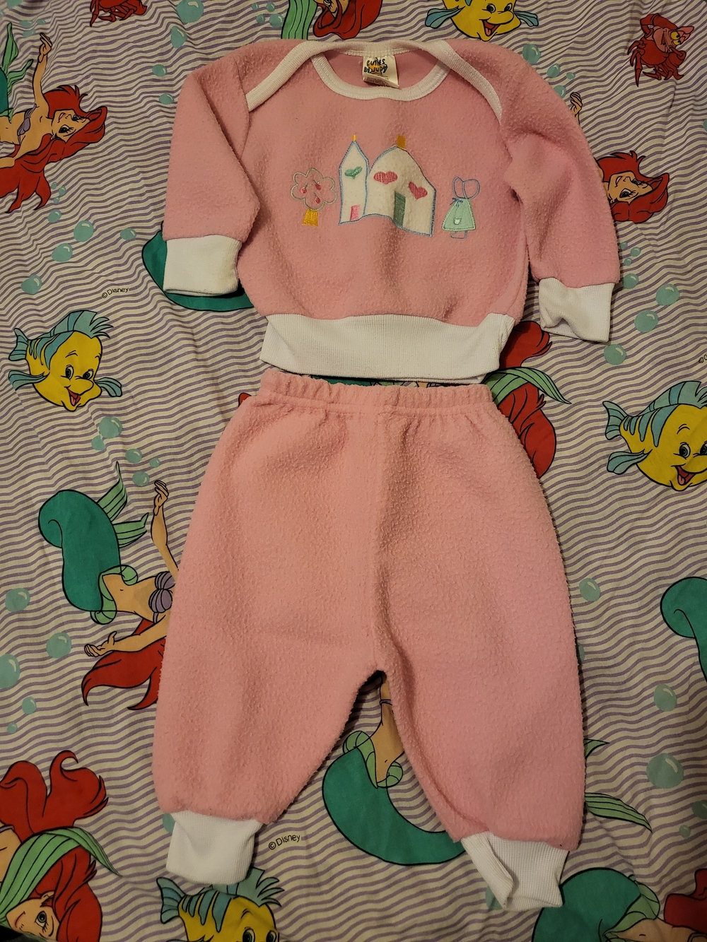 Pink Fuzzy Two-Piece Baby Set with Cute Embroidery House Cuties By Judy 6/9 M